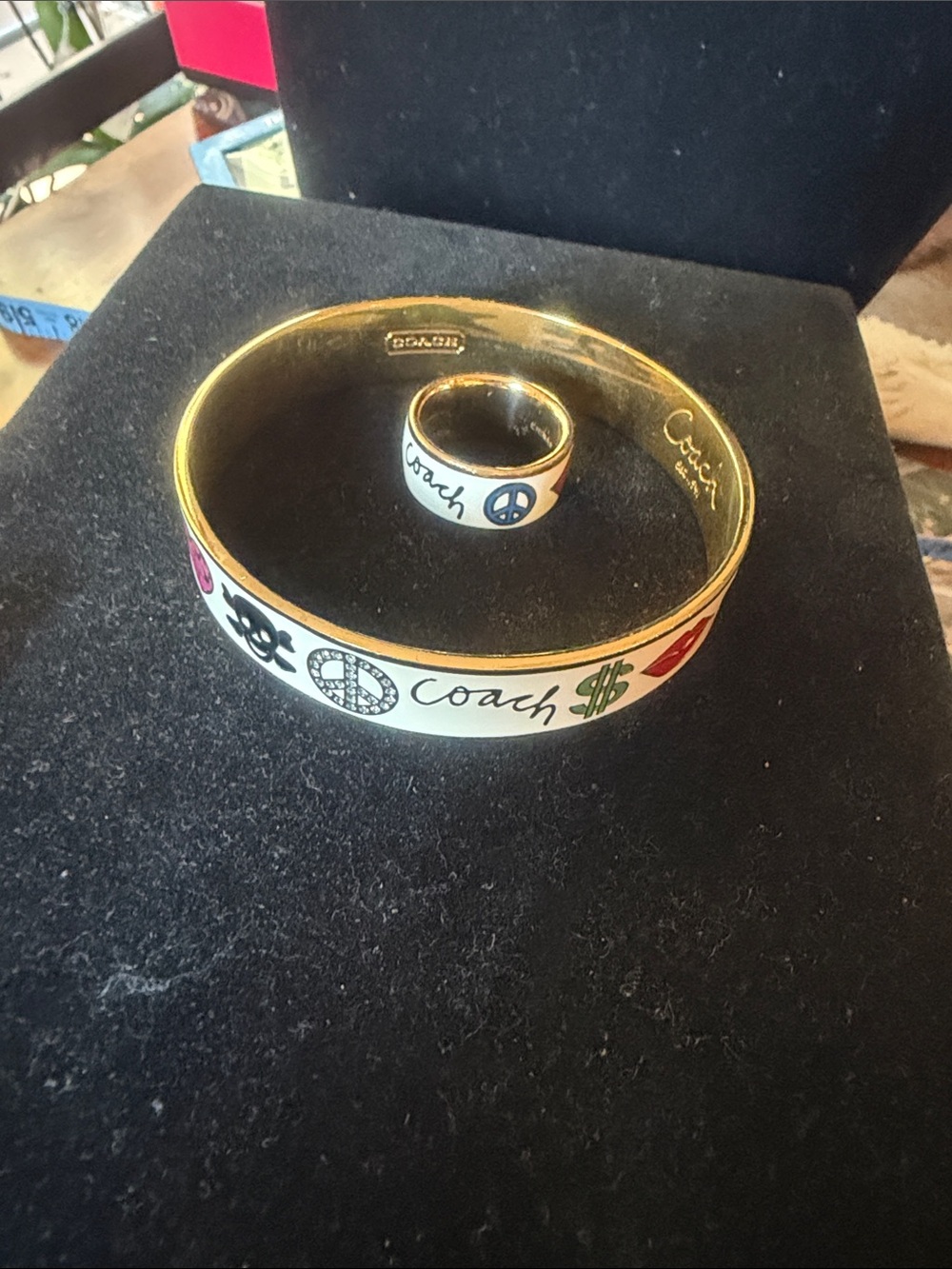 Coach Cream Enamel Logo Bangle and Ring Set with Multicolor Symbols